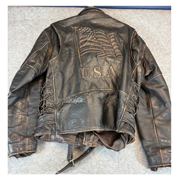 VINTAGE Unik Biker Leather Jacket Men Size 46 Brown USA Flag Embossed Motorcycle - Picture 2 of 10